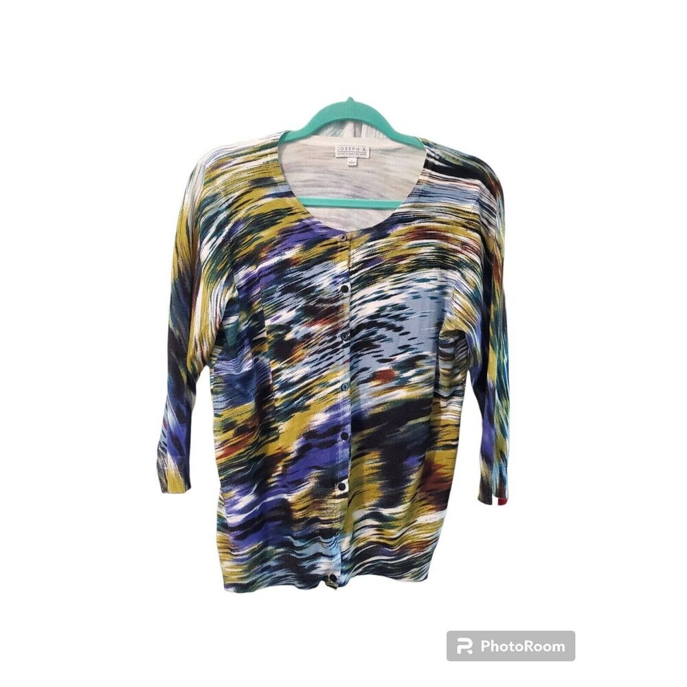 Joseph A C'est Silk Size L Blue Gold Black Sweater Women Button Up